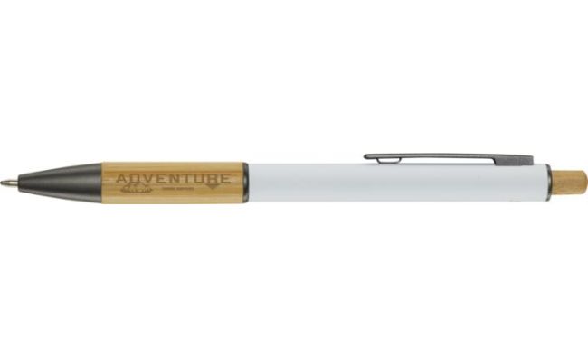 white aluminium and bamboo pen