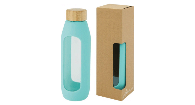 Borosilicate glass bottle with silicone grip tide green