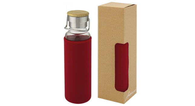 Glass bottle with neoprene sleeve red