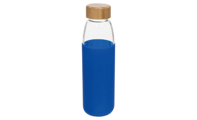 Glass sport bottle 540ml with wood lid (Blue)