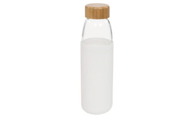 Glass sport bottle 540ml with wood lid (White)